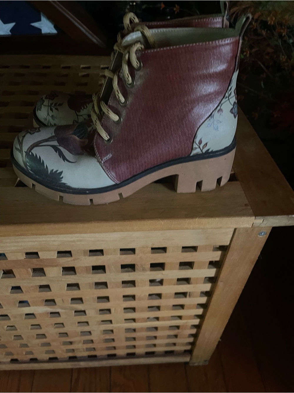 Goby brand Burgundy and Cream Floral Lace-Up Ankle Boots